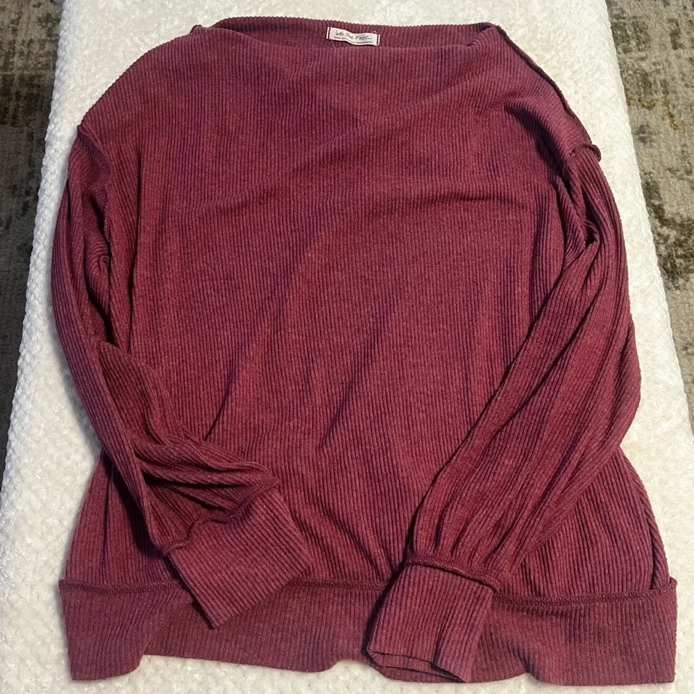 Free People Sweater Womens Medium Maroon Off Shoulder Ribbed Knit Boho Chic